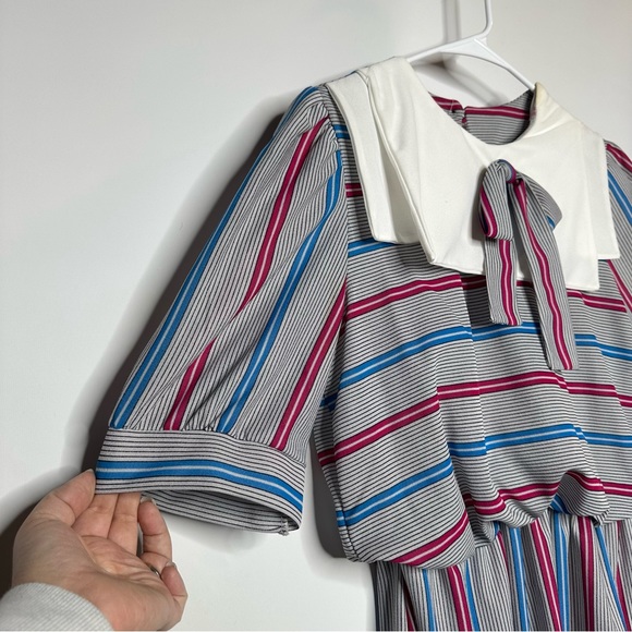 Vintage 80s, Striped Midi Dress, Sailor Collar, Gathered Waist,  Size MEDIUM - Picture 6 of 10